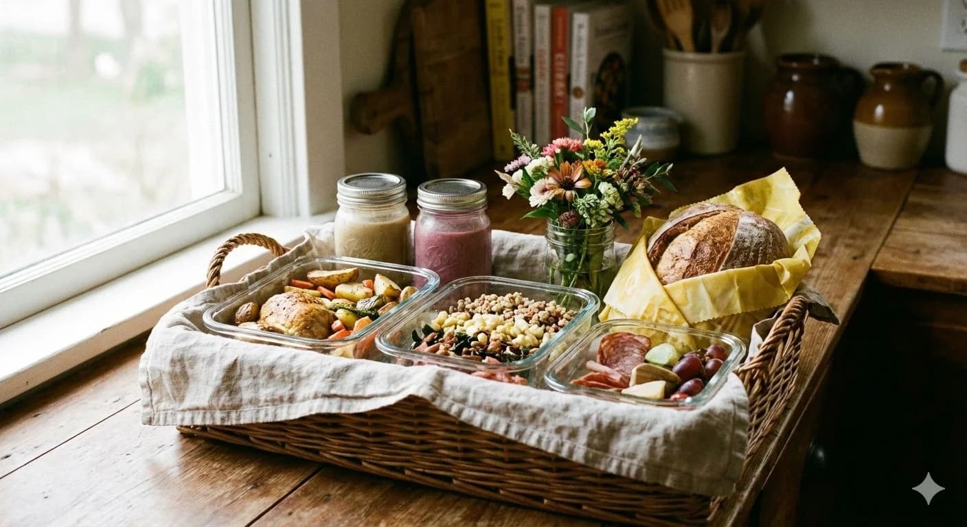 YaYa's Kitchen weekly basket with meals, bread, smoothies and flowers